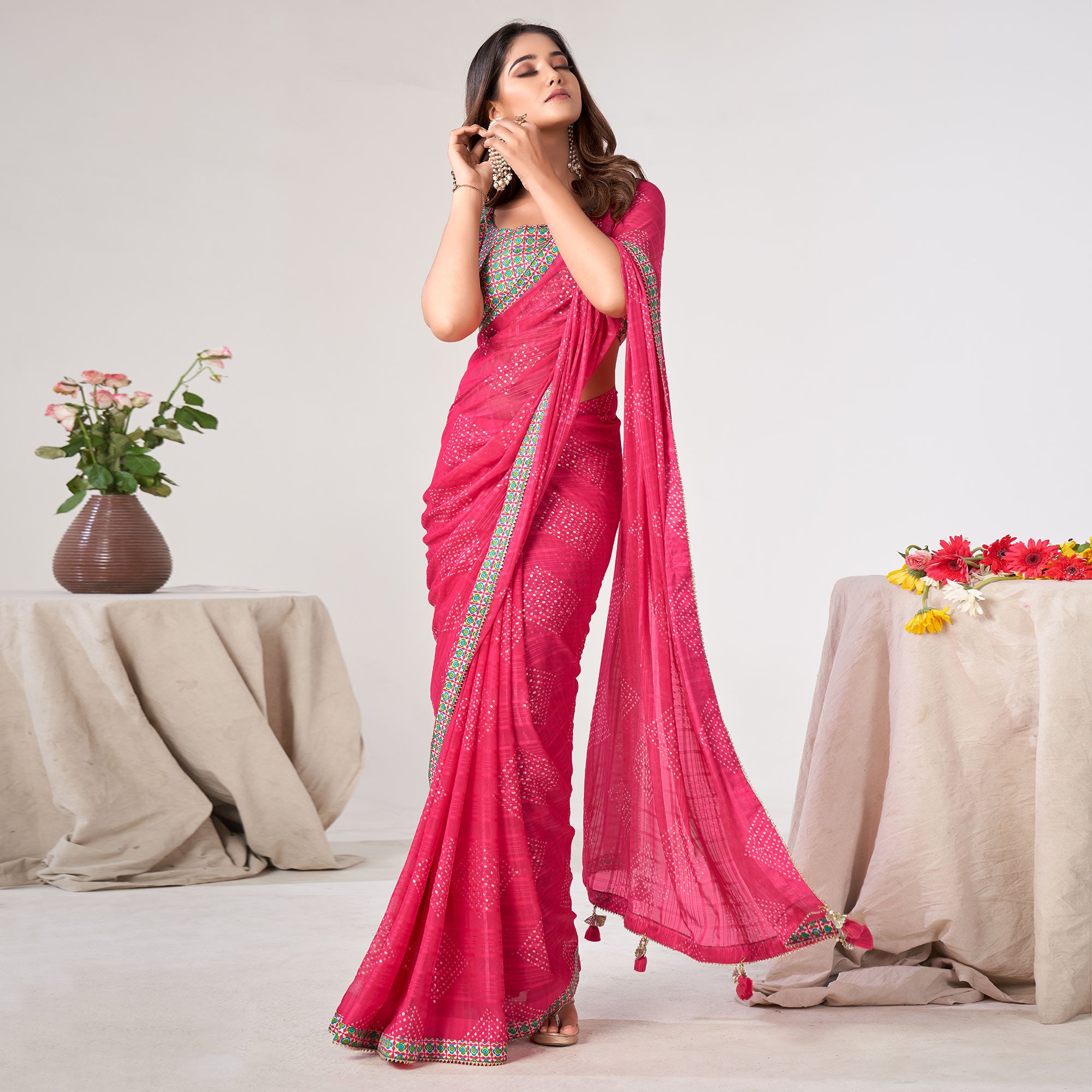 Pink Printed Georgette Saree With Lace Work