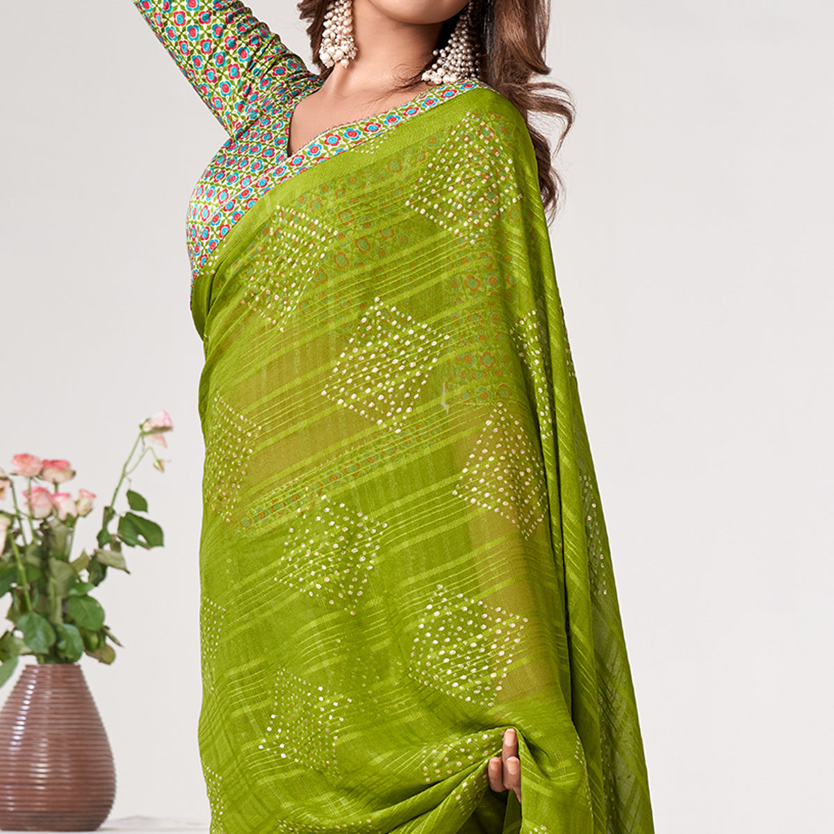 Green Printed Georgette Saree With Lace Work