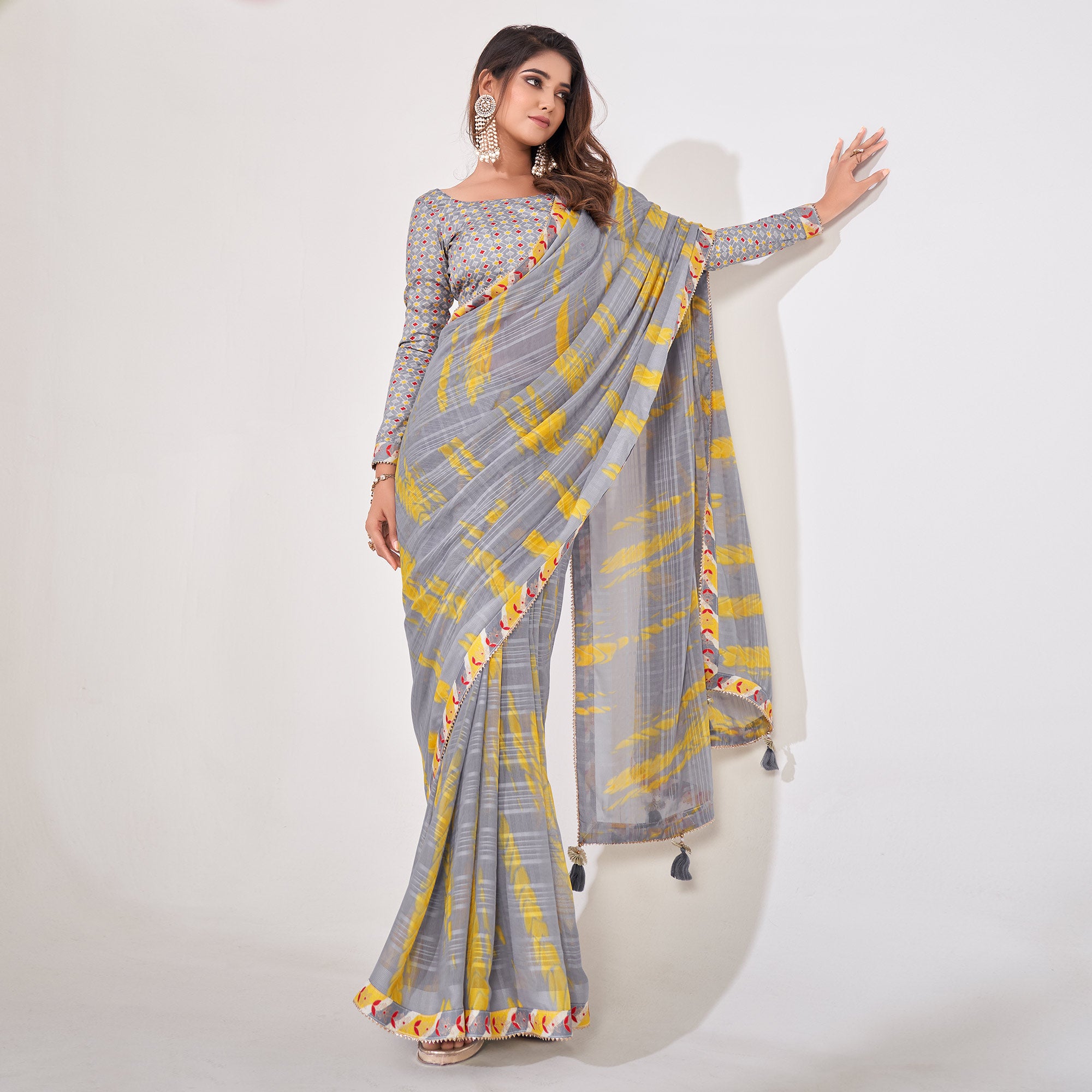 Grey Printed Georgette Saree With Lace Work