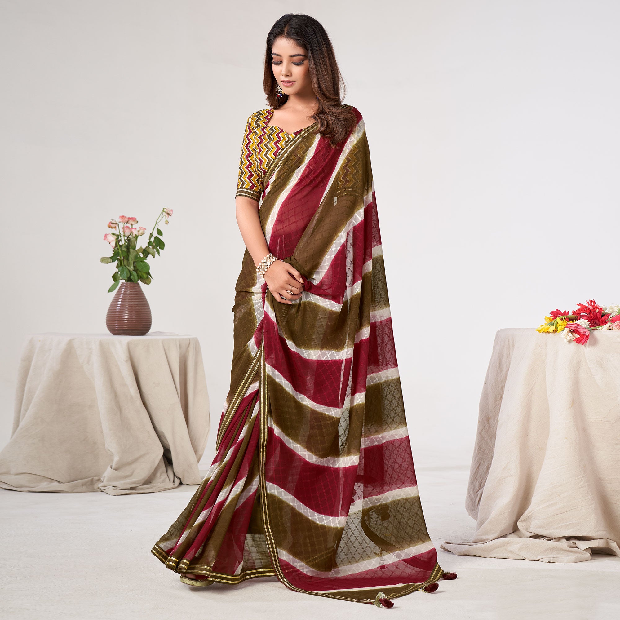 Multicolor Printed Georgette Saree With Lace Work