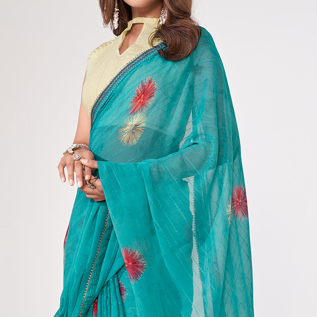 Turquoise Printed Georgette Saree With Lace Work