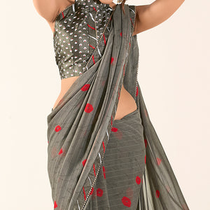 Grey Printed With Woven Georgette Saree With Tassels