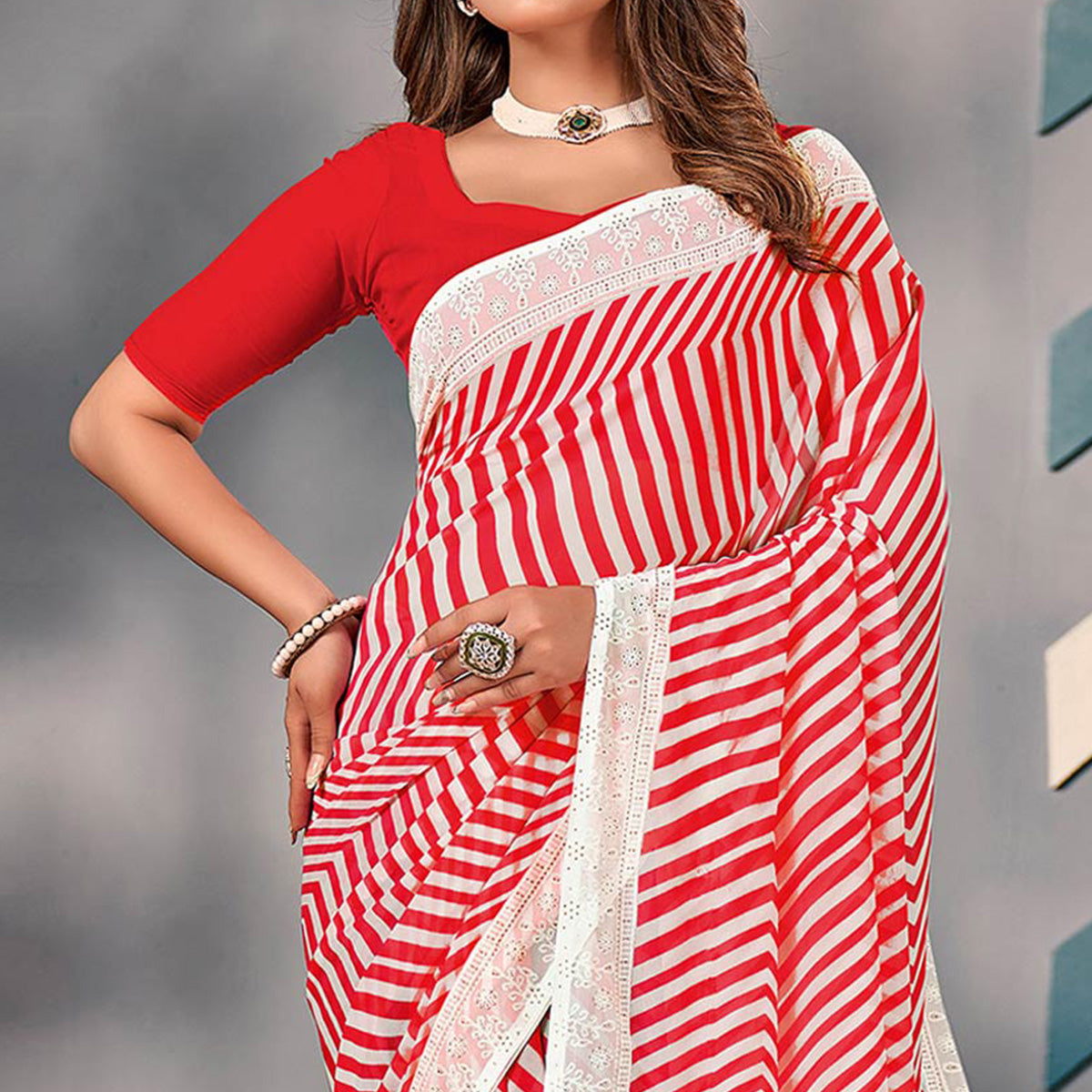Red Striped Printed Georgette Saree