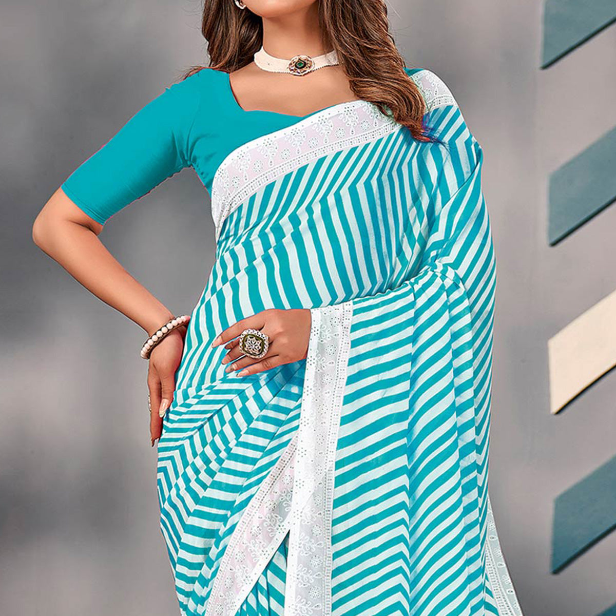 Blue Striped Printed Georgette Saree