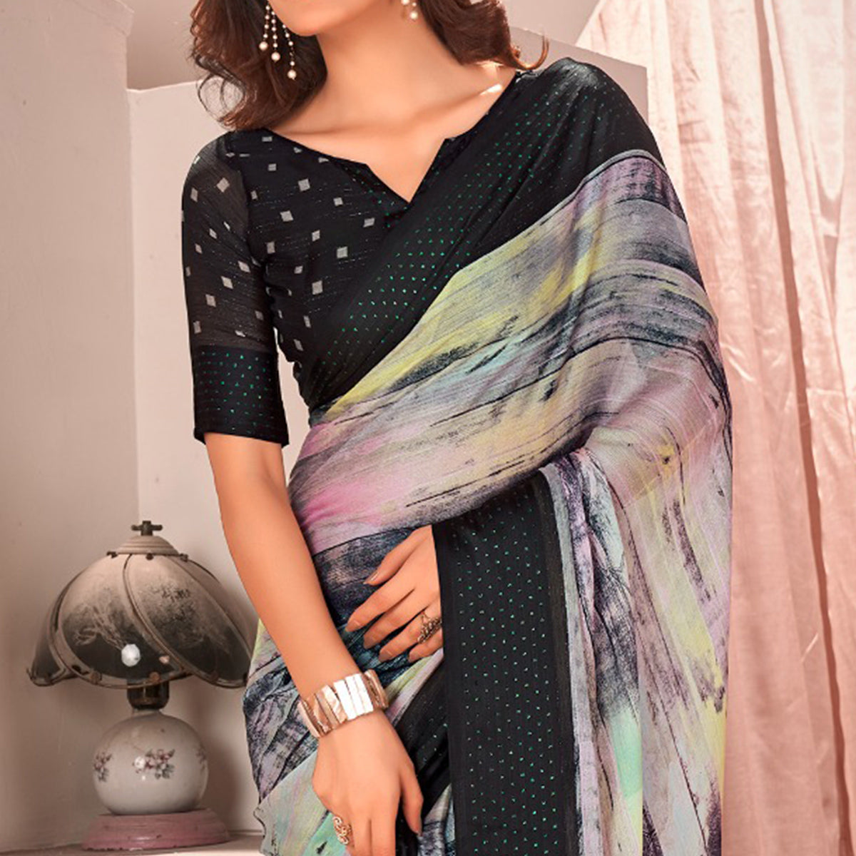 Black Ombre Printed Chiffon Saree With Satin Zari Border