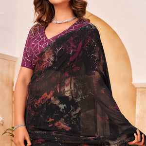 Black Floral Printed Georgette Saree With Tassels