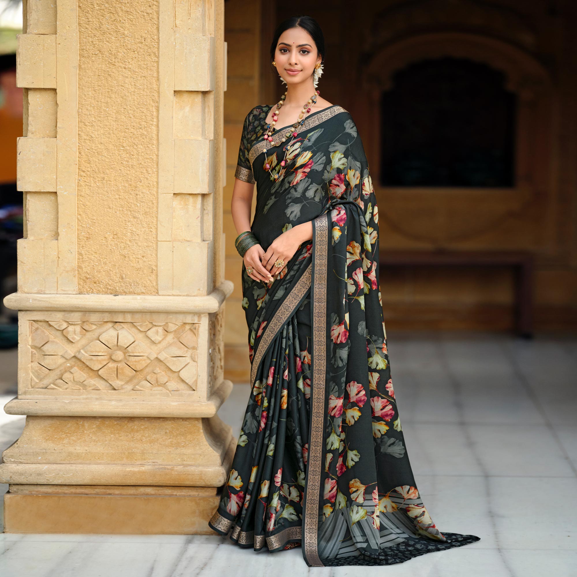 Black Floral Digital Printed Viscose Saree With Zari Border