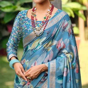 Blue Floral Digital Printed Viscose Saree With Zari Border