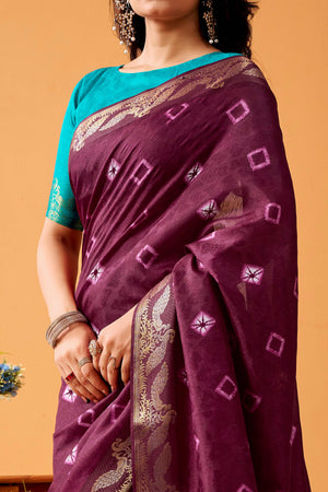 Luxurious Wine Tussar Silk Saree Featuring Traditional Bandhani Print & Peacock Jacquard Border