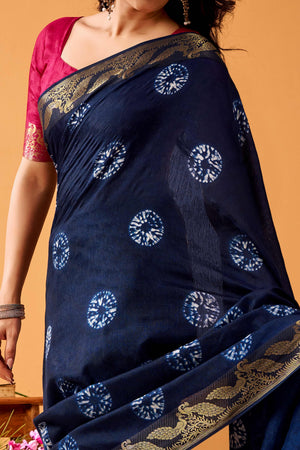 Luxurious Navy Blue Tussar Silk Saree Featuring Traditional Bandhani Print & Peacock Jacquard Border