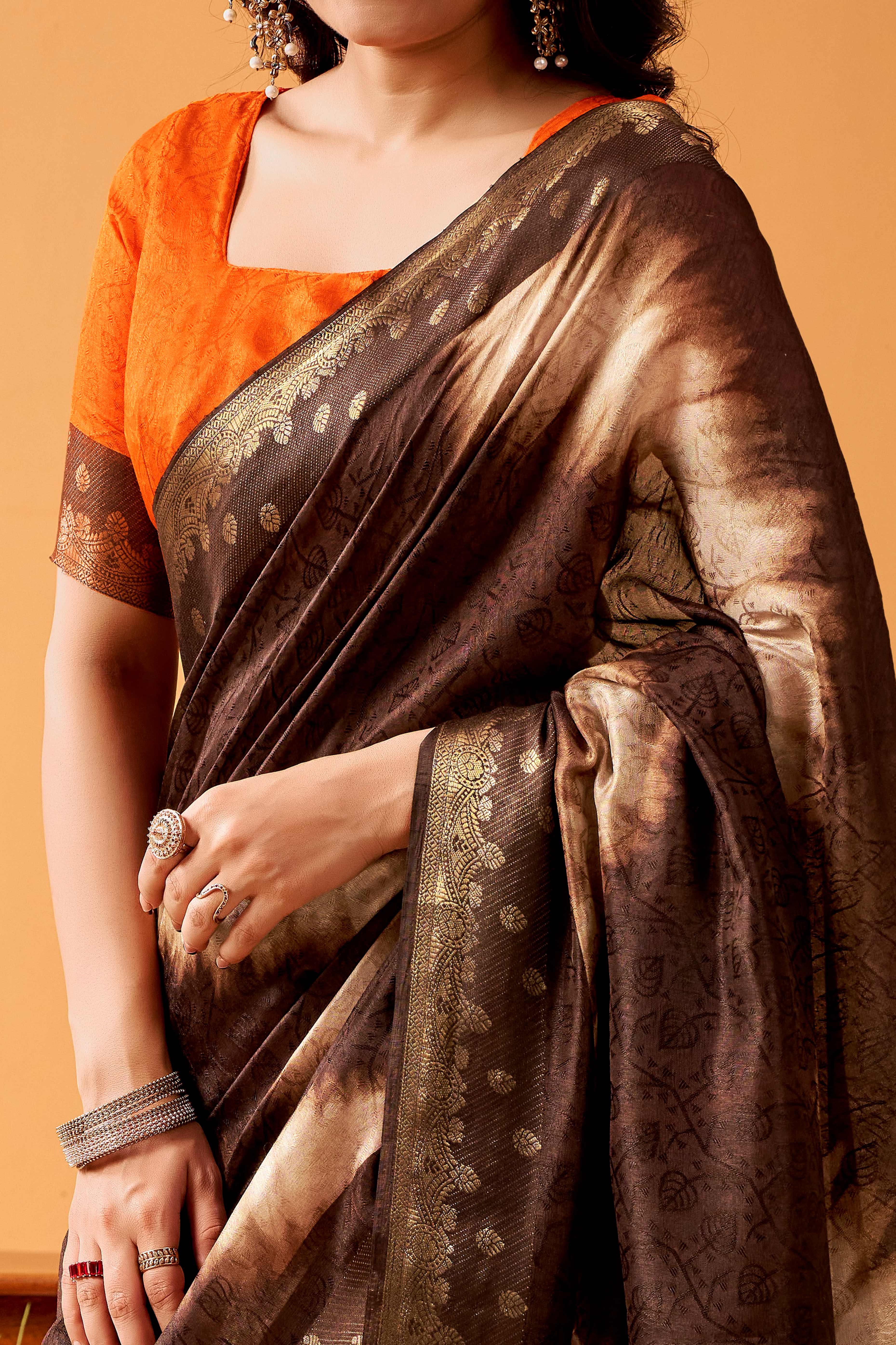 Luxurious Brown Tussar Silk Saree Featuring Traditional Abstract Print & Peacock Jacquard Border