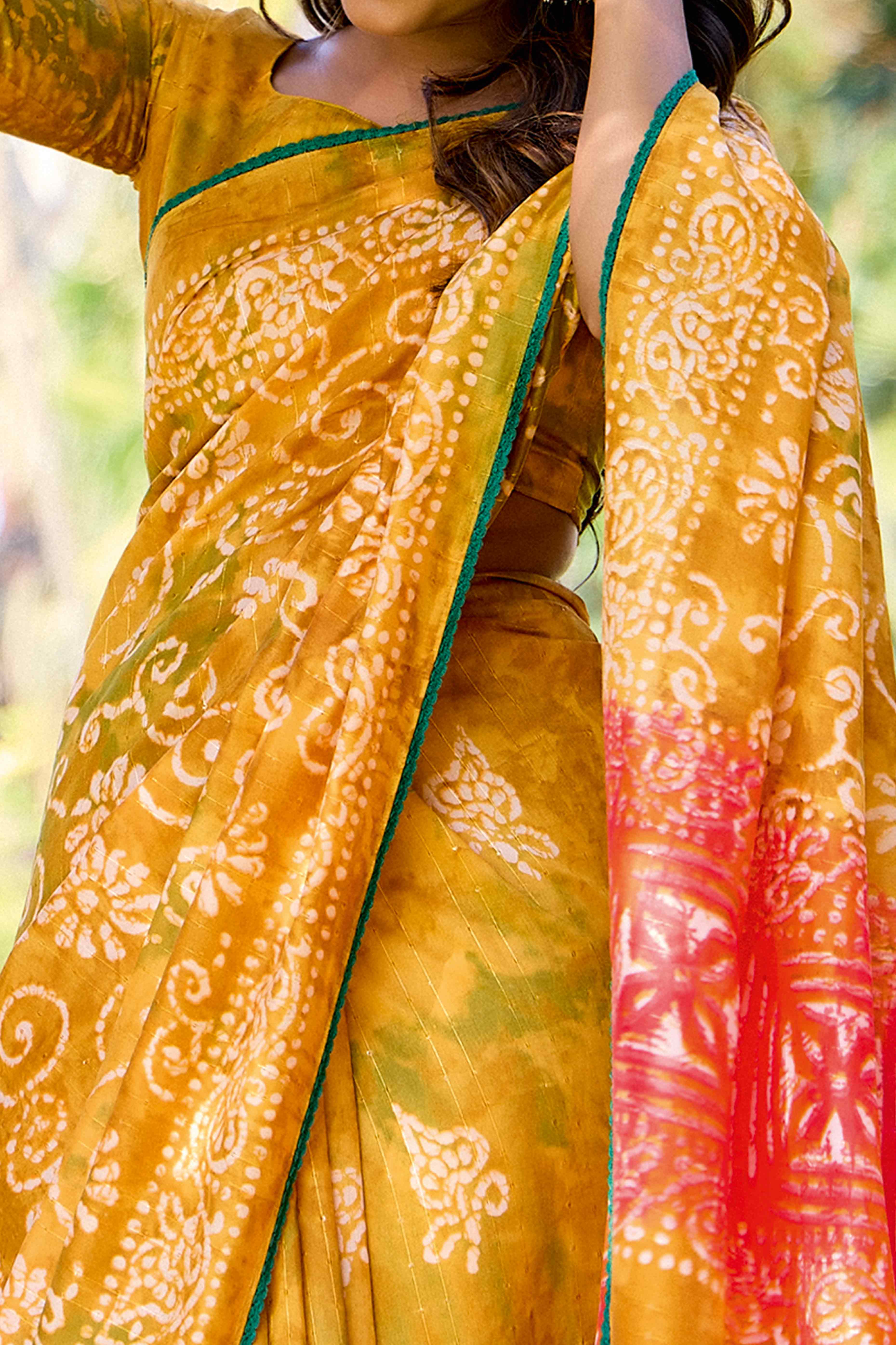 Mustard Batik Printed Cotton Silk Saree