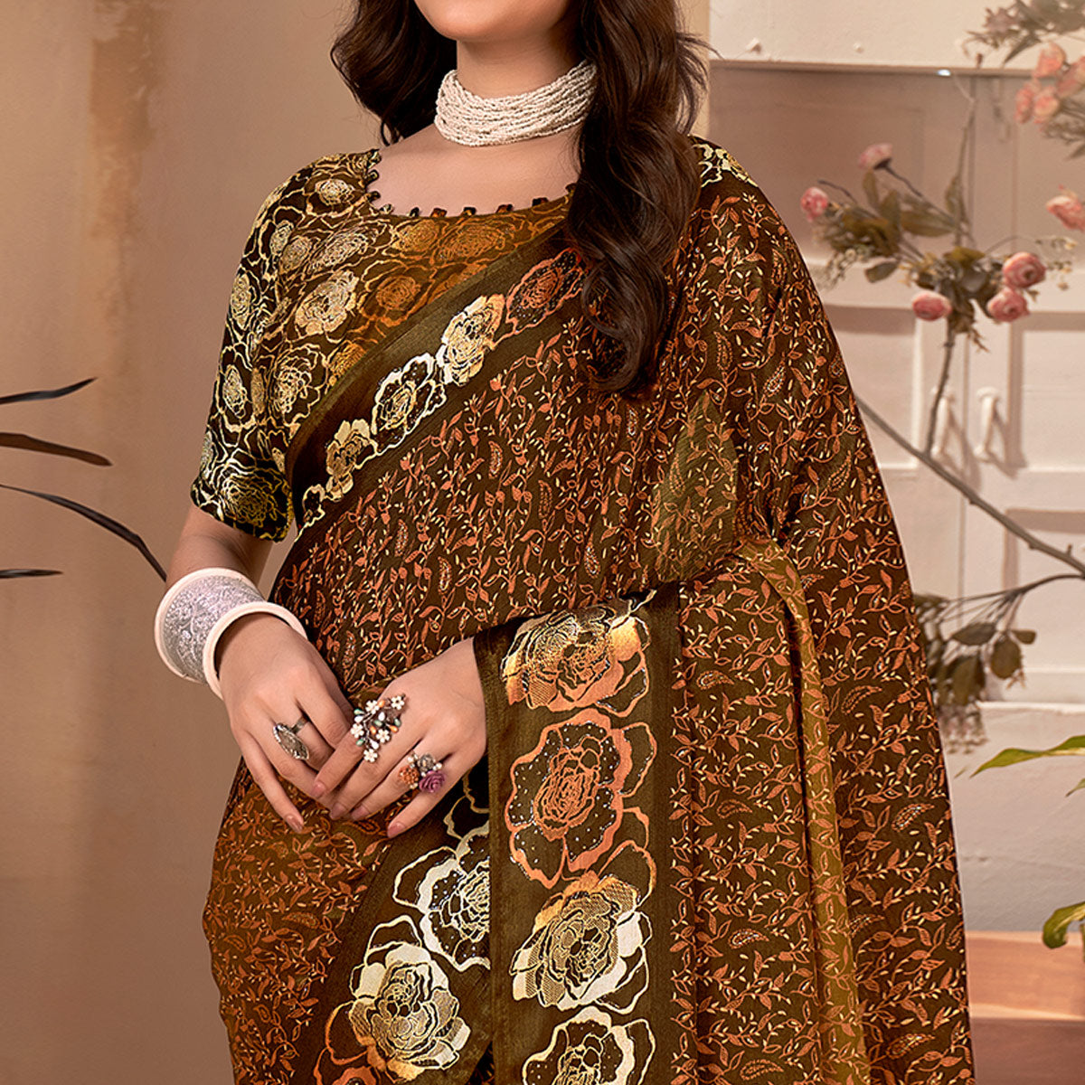 Tan Floral Printed Georgette Saree with Satin Border