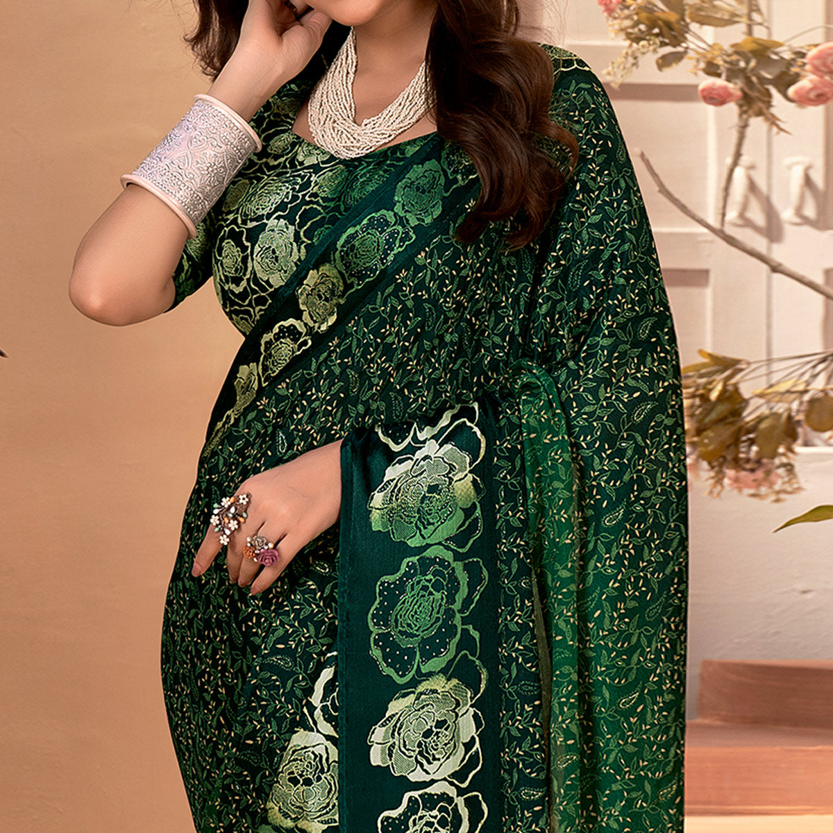 Green Floral Printed Georgette Saree with Satin Border