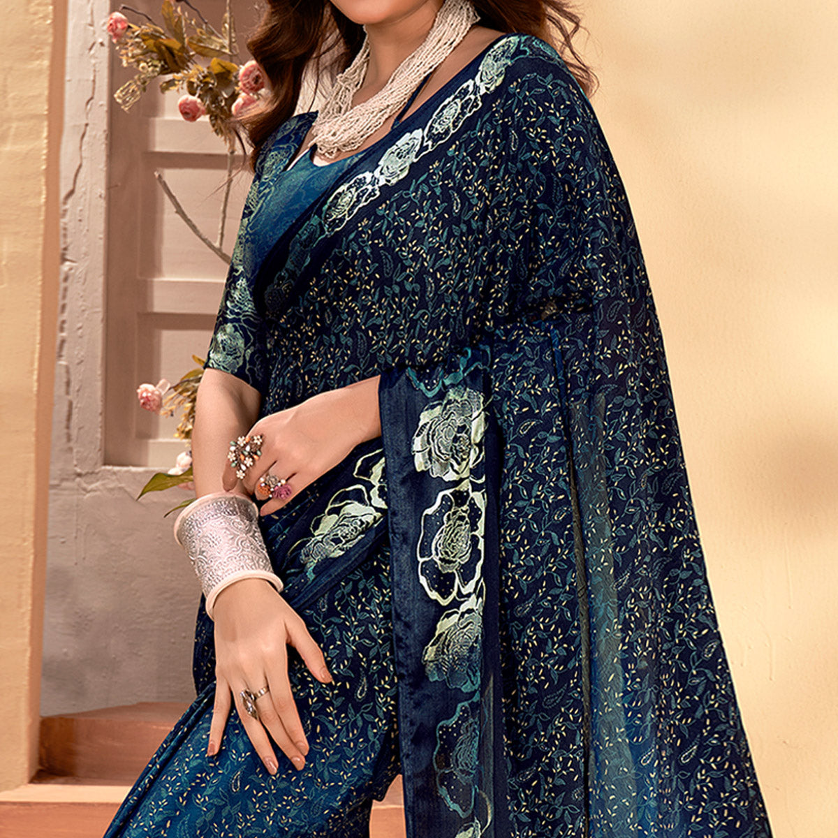Navy Blue Floral Printed Georgette Saree with Satin Border