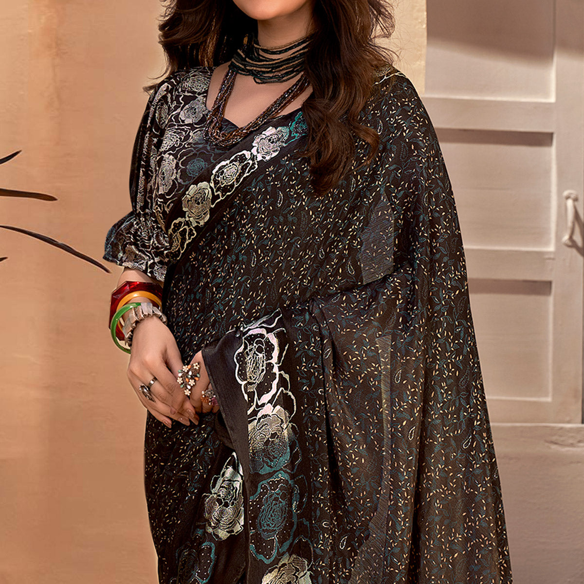 Black Floral Printed Georgette Saree with Satin Border