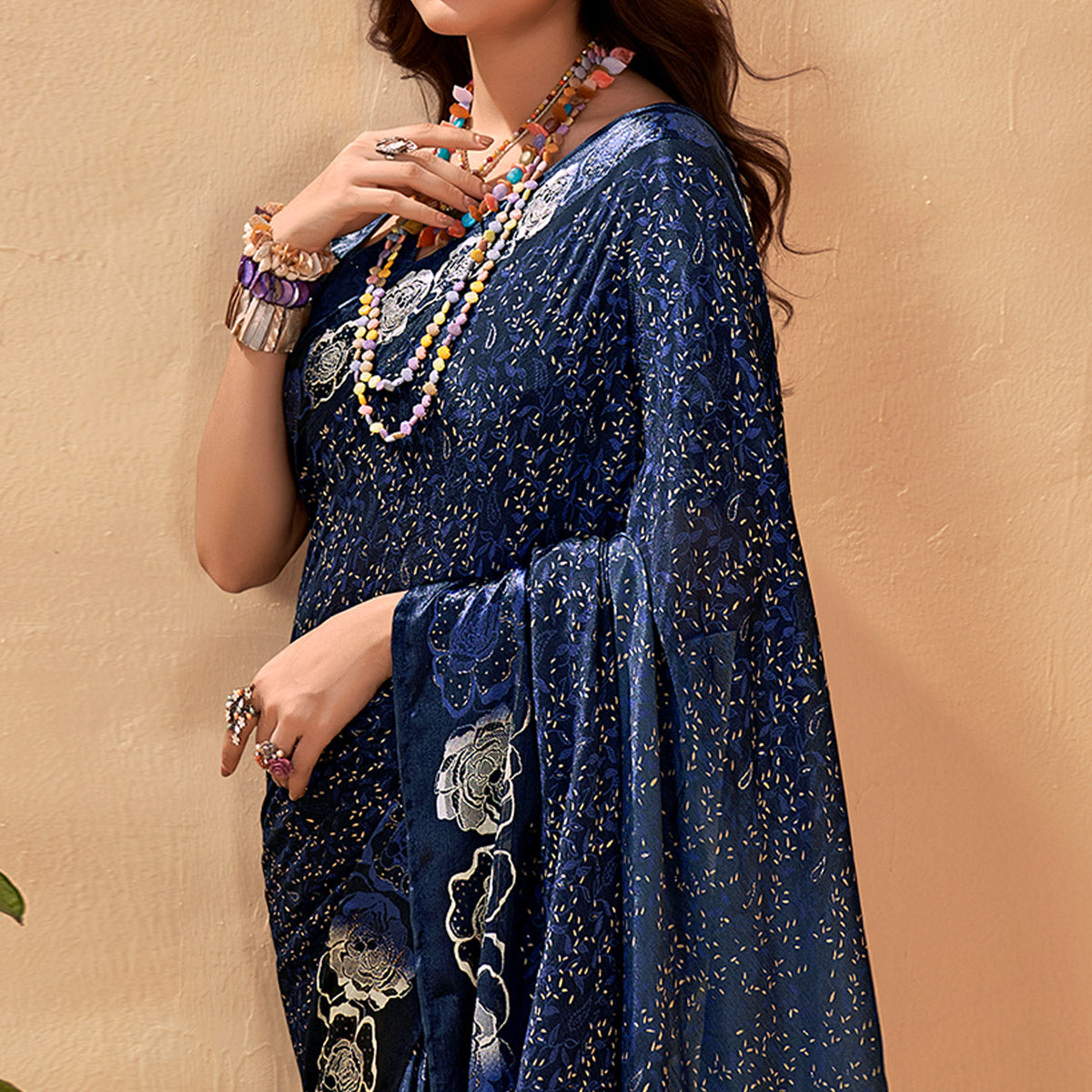 Blue Floral Printed Georgette Saree with Satin Border