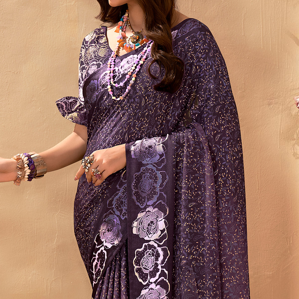 Purple Floral Printed Georgette Saree with Satin Border