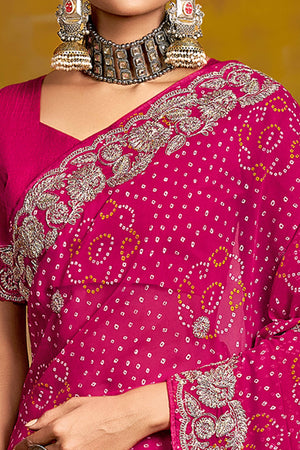 Pink Georgette Saree Adorned With Traditional Bandhani Prints & Intricate Floral Embroidery