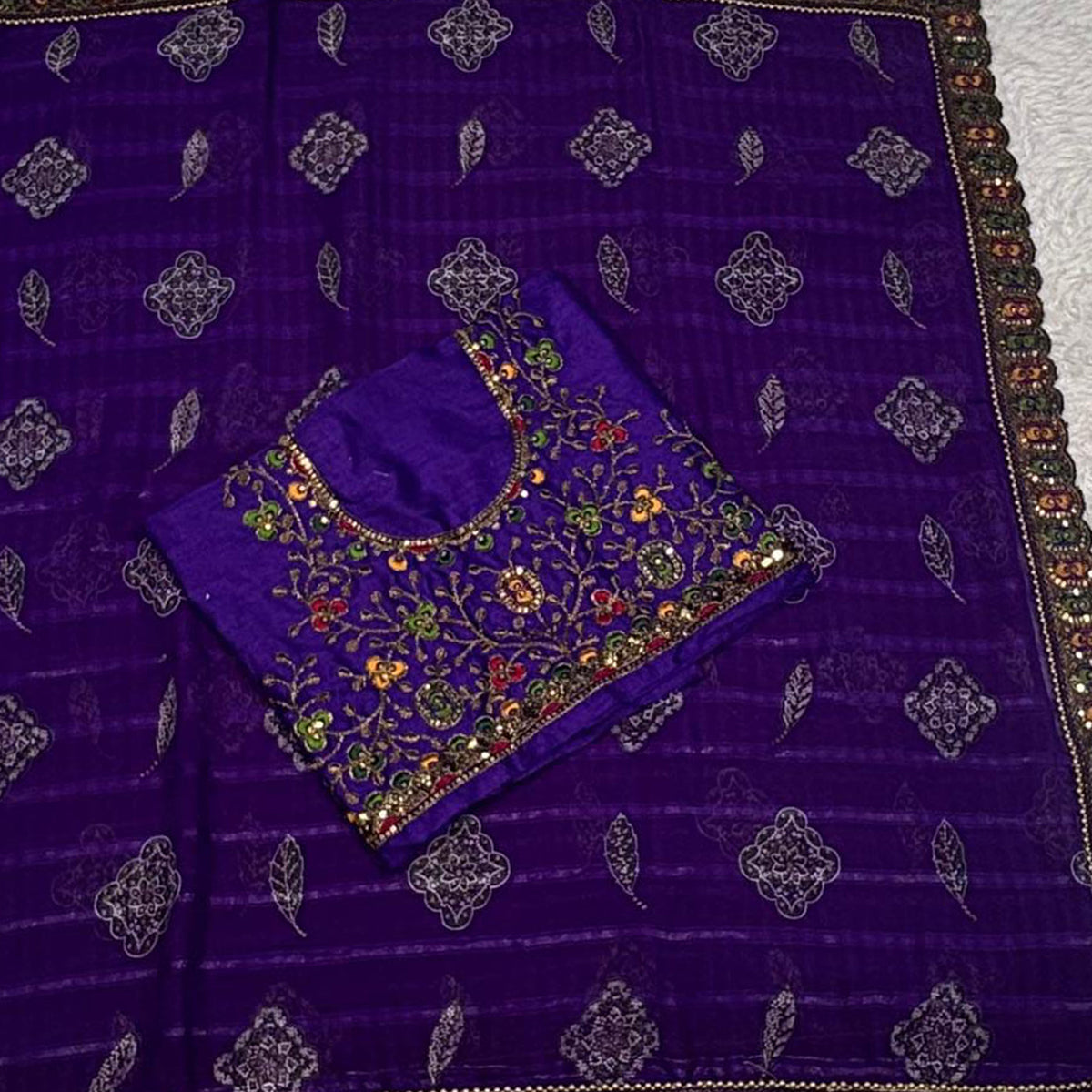 Violet Bandhani Printed Georgette Saree for Festive Wear with Lace Detailing