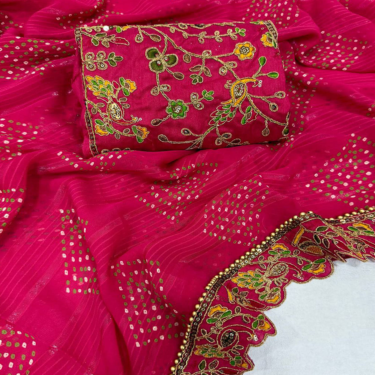 Pink Bandhani Printed Georgette Saree for Festive Wear with Lace Border