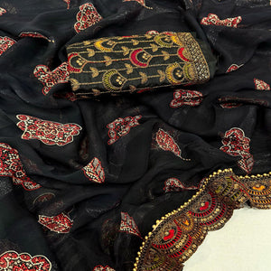 Black Bandhani Printed Georgette Saree for Festive Wear with Lace Detailing