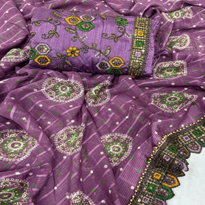 Purple Bandhani Printed Georgette Saree for Festive Wear with Lace Border