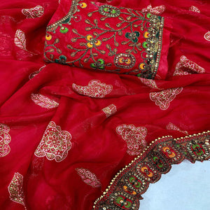 Red Bandhani Printed Georgette Saree for Festive Wear with Lace Detailing