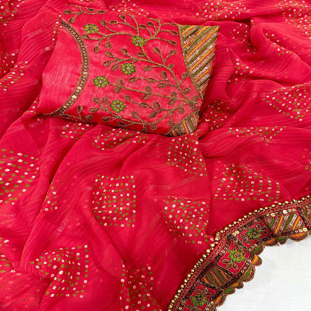 Pink Bandhani Printed Georgette Saree for Festive Wear with Lace Detailing