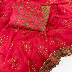 Pink Bandhani Printed Georgette Saree for Festive Wear with Lace Detailing