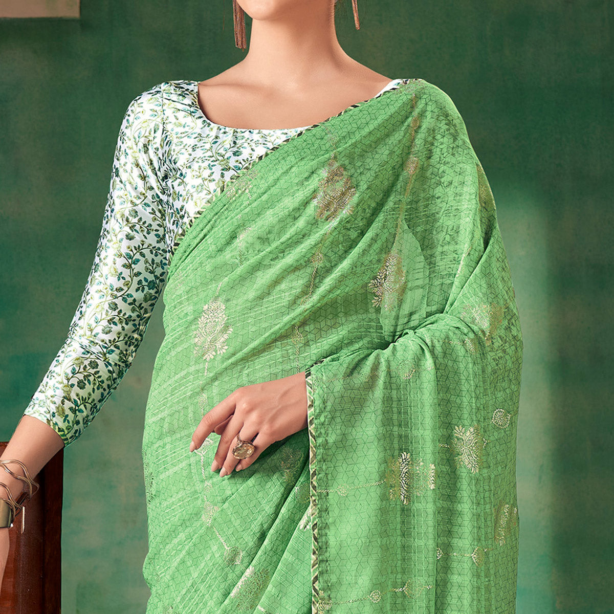 Green Floral Foil Printed Georgette Saree