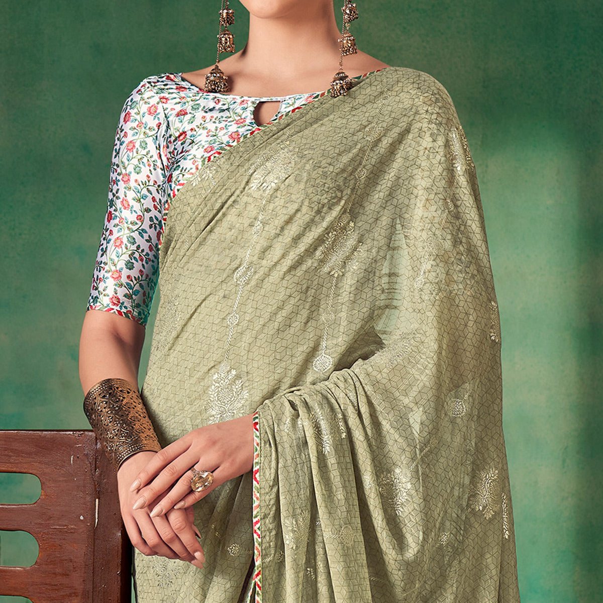 Green Floral Foil Printed Georgette Saree