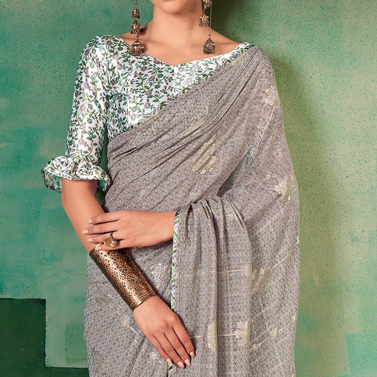 Grey Floral Foil Printed Georgette Saree