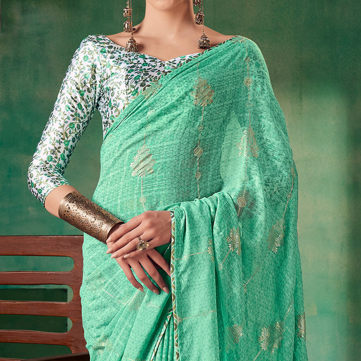 Sea Green Floral Foil Printed Georgette Saree
