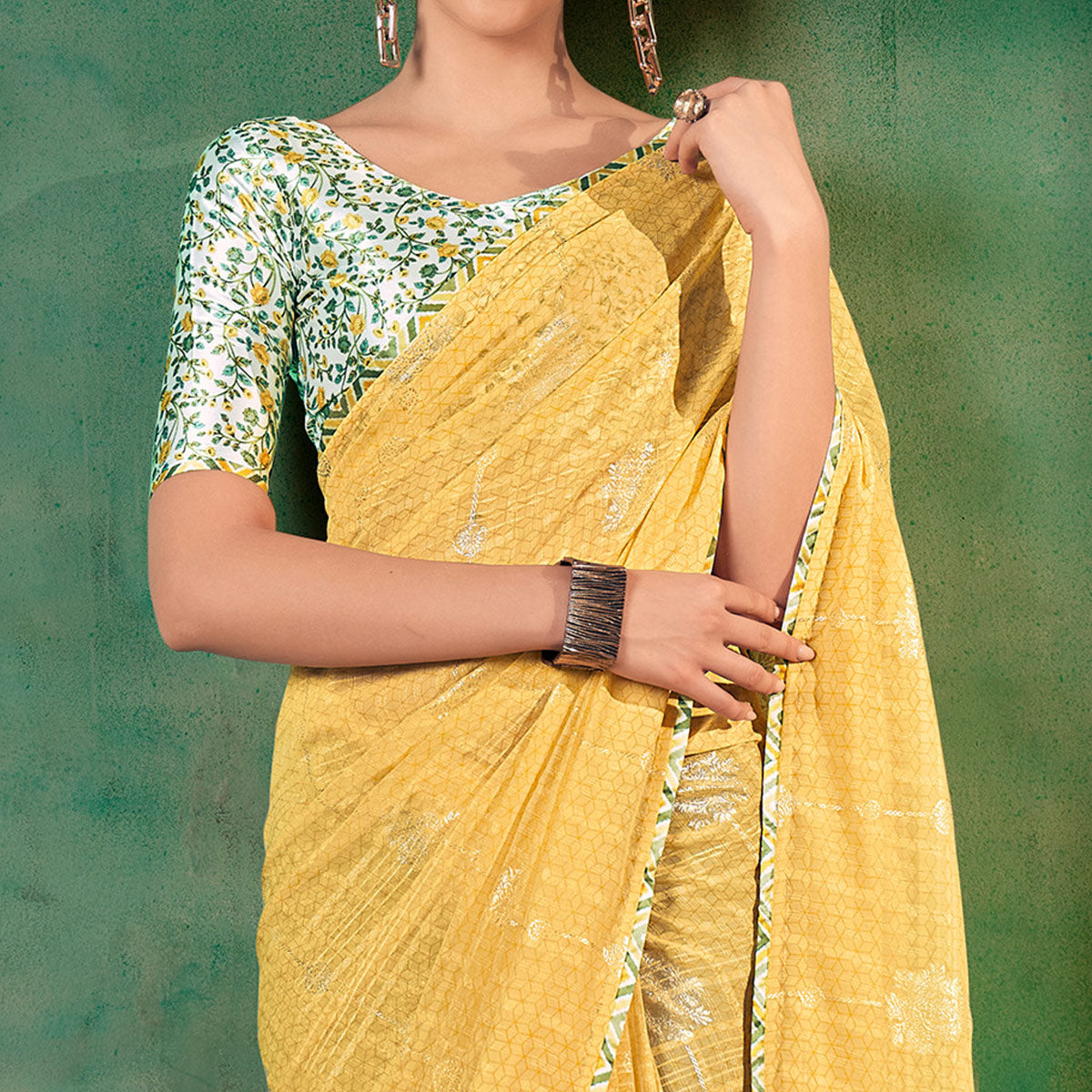Yellow Floral Foil Printed Georgette Saree