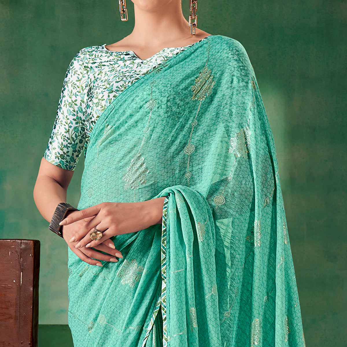 Turquoise Floral Foil Printed Georgette Saree