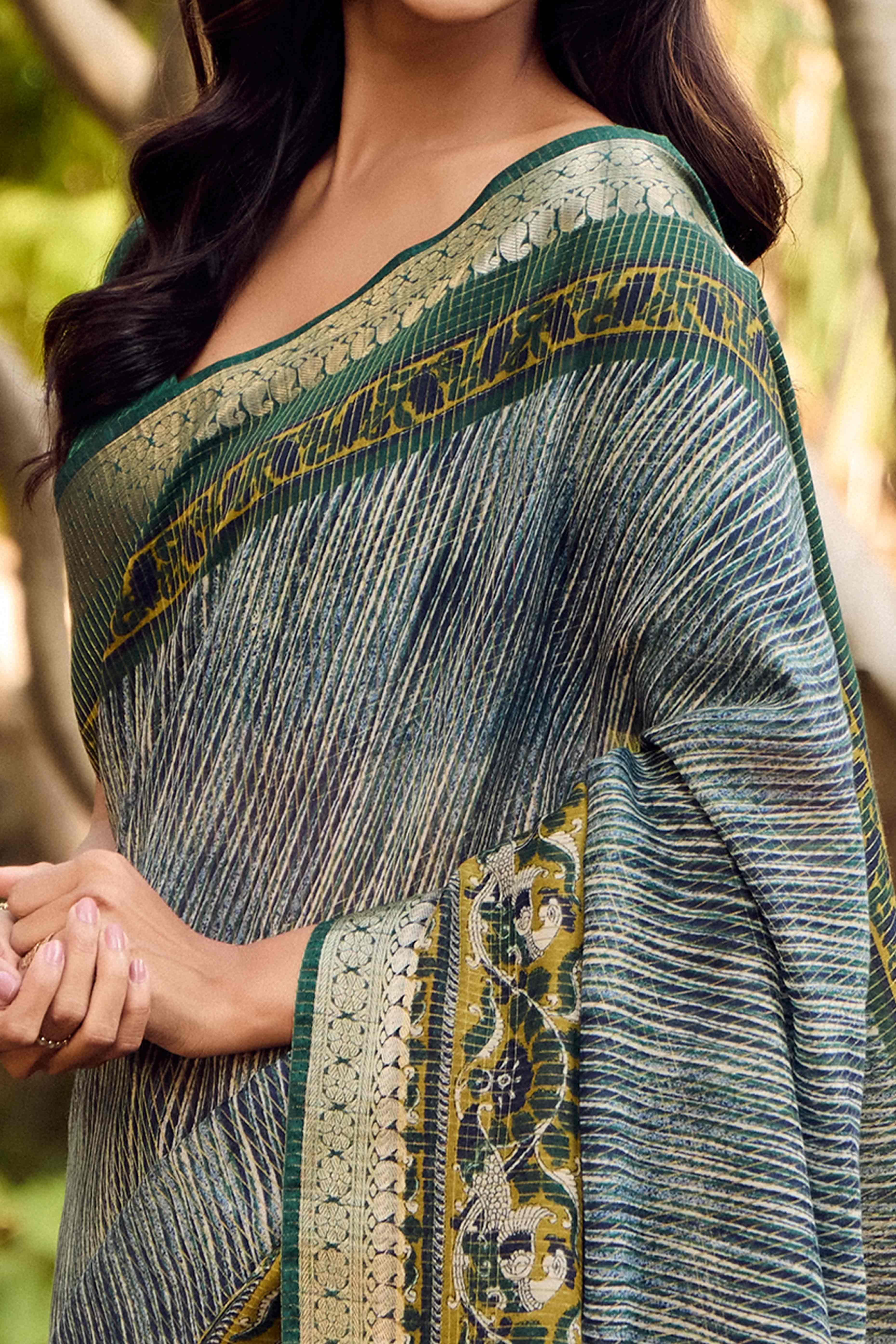 Green Printed Mulmul Cotton Saree With Jacquard Border