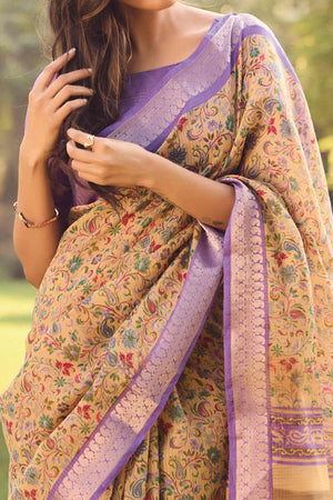 Beige Printed Mulmul Cotton Saree With Jacquard Border