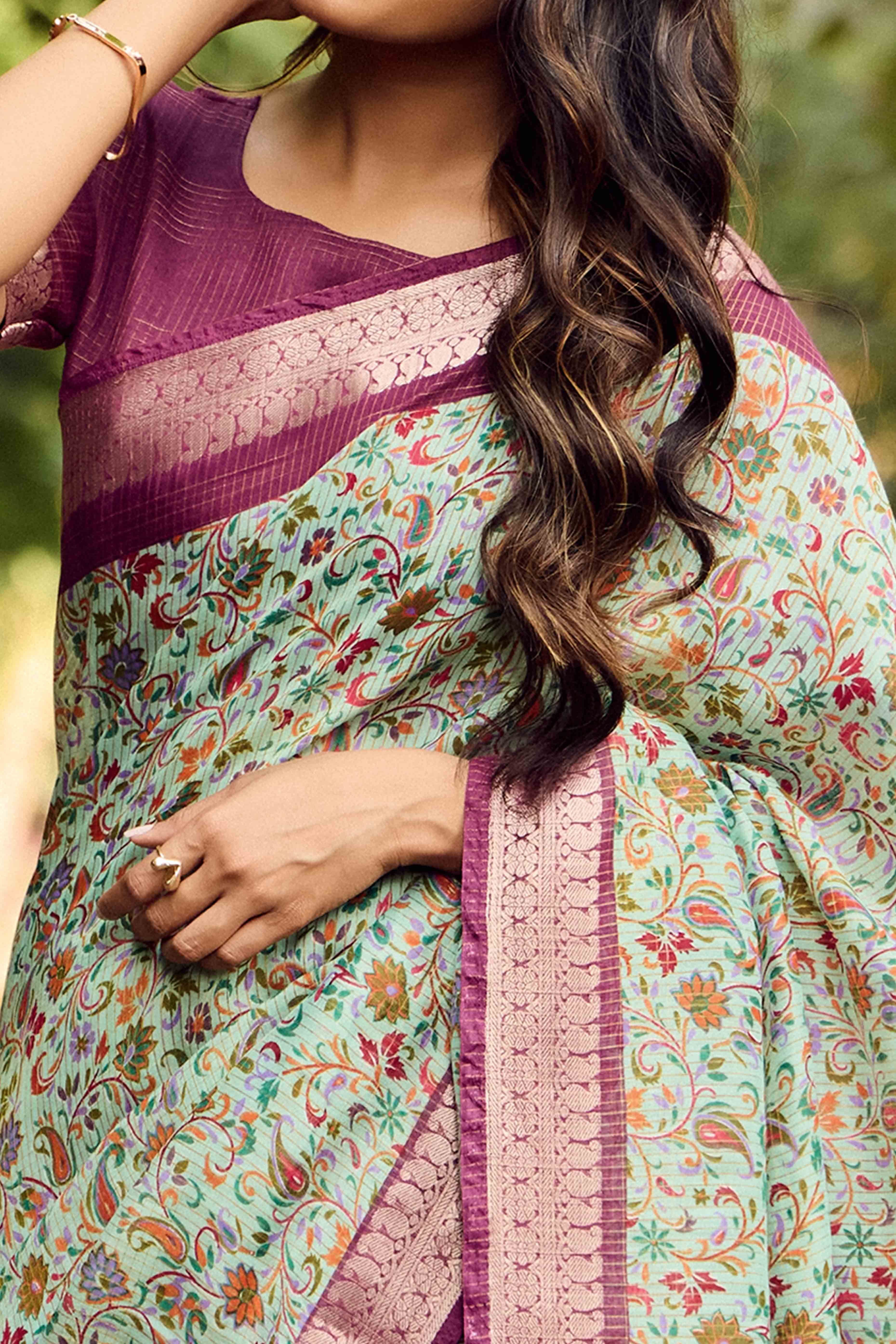 Mint Green Printed Mulmul Cotton Saree With Jacquard Border