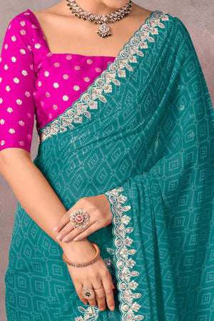 Modern Turquoise Georgette Saree with Timeless Bandhani Prints