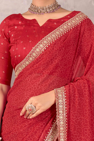 Red Bandhani Printed Georgette Saree