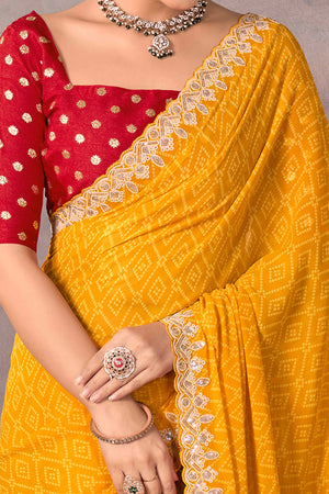 Mustard Bandhani Printed Georgette Saree