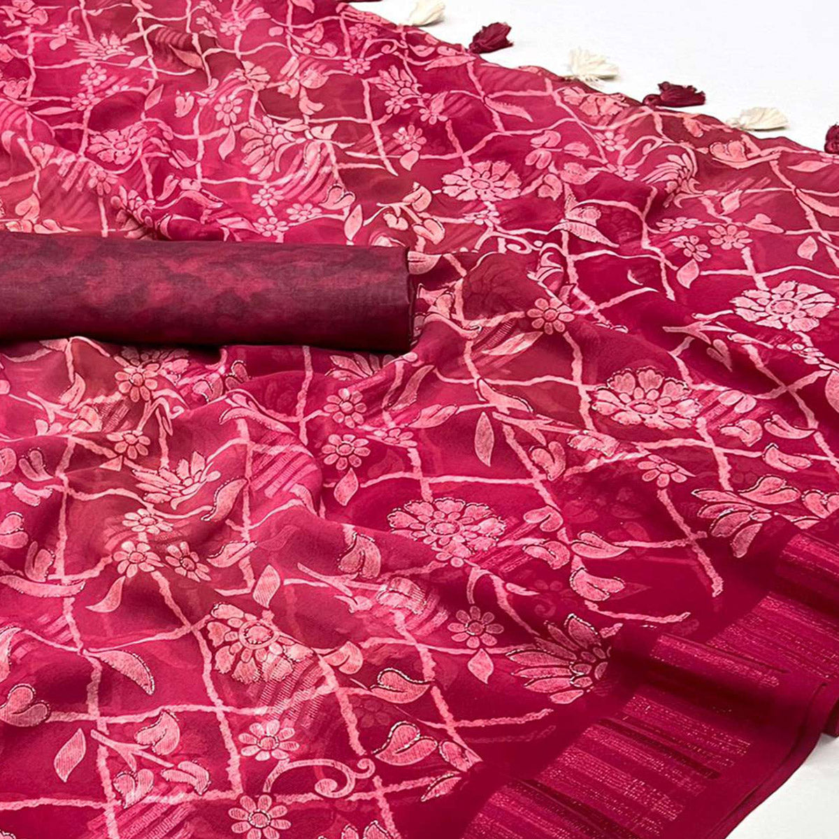 Pink Floral Foil Printed Georgette Saree With Tassels
