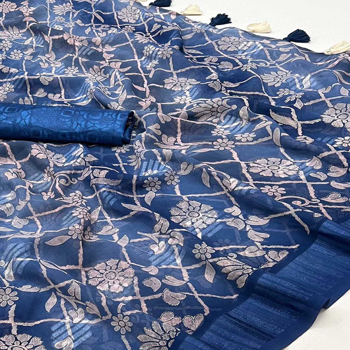 Blue Floral Foil Printed Georgette Saree With Tassels