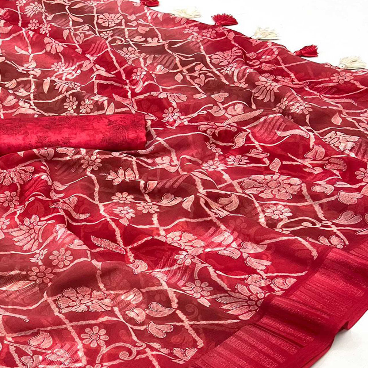 Red Floral Foil Printed Georgette Saree With Tassels