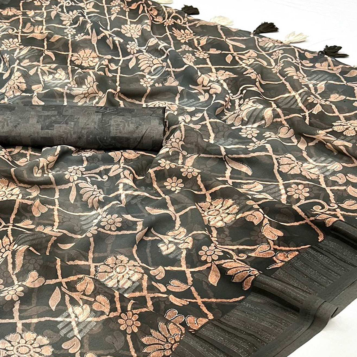 Grey Floral Foil Printed Georgette Saree With Tassels