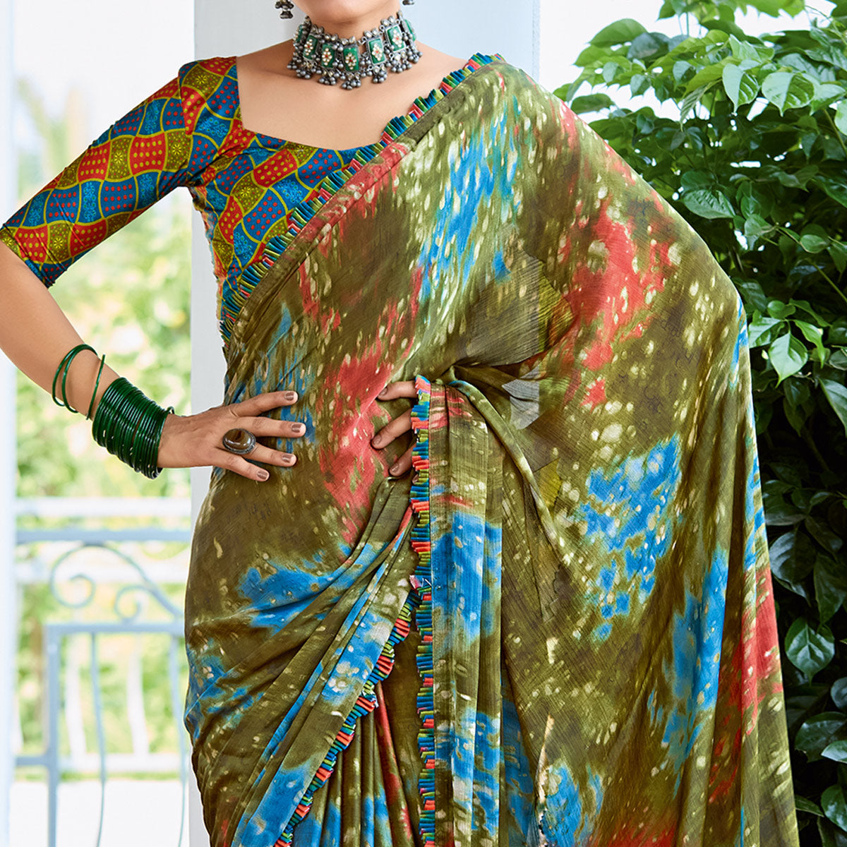 Green Printed Satin Saree With Frill Border