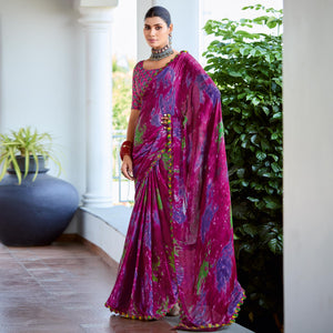 Pink Printed Satin Saree With Frill Border