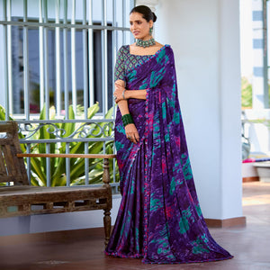 Purple Printed Satin Saree With Frill Border