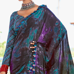 Black Printed Satin Saree With Frill Border